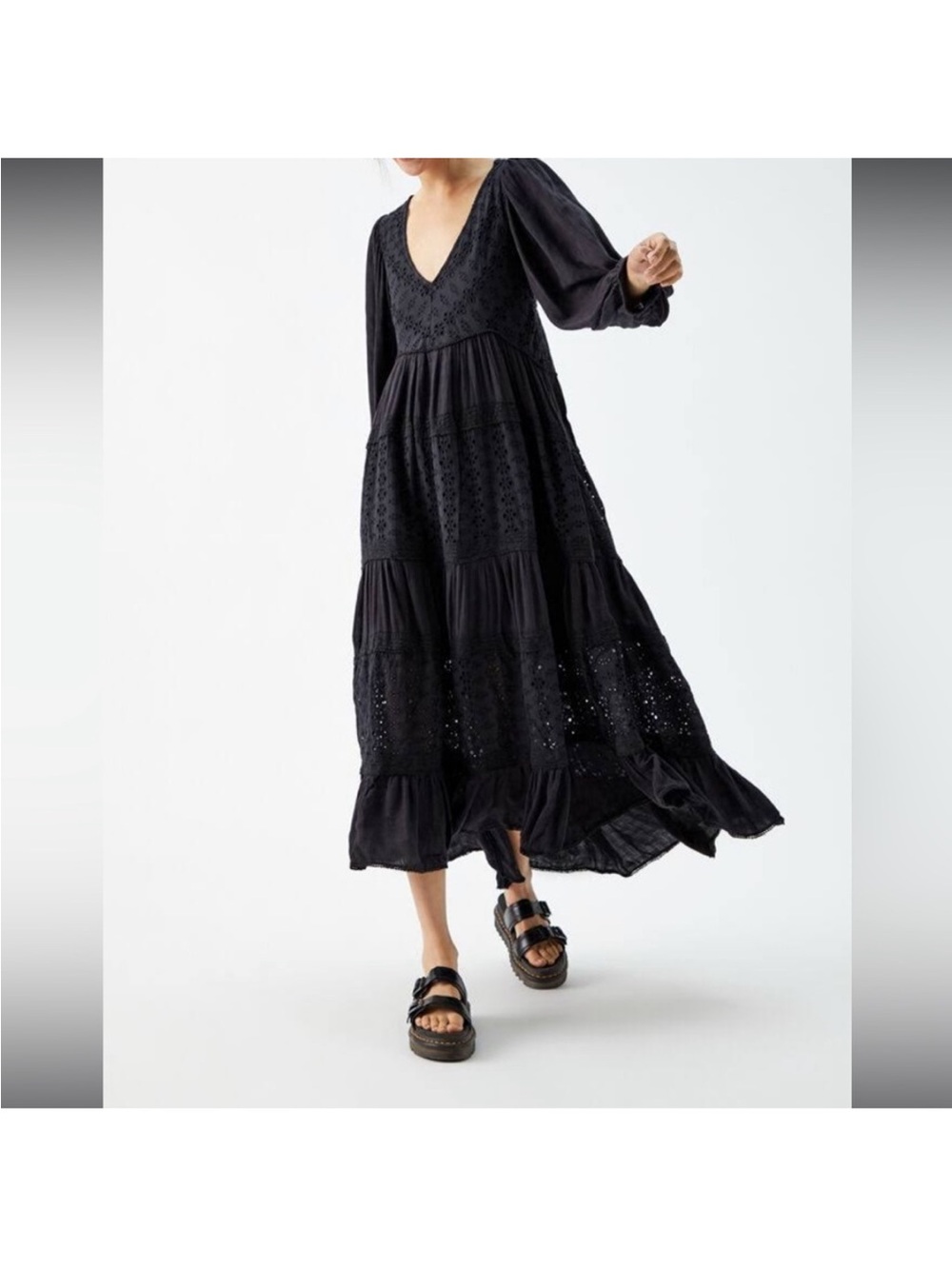 Free People Mockingbird Boho Black Cottagecore Eyelet Tiered Maxi Dress Sz XS - Picture 4 of 15
